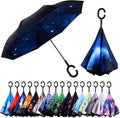 Inverted Umbrella, 49 Inch Double-Layer Vented Reverse Umbrella, Windproof Waterproof UV Protection, Lightweight C-Handle, Fiberglass Ribs, Steel Shaft, Travel/Commute/Car Use, With Sleeve