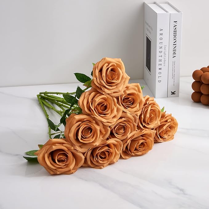 Artificial Rose 10pcs Open Flower Bouquet Faux Rose Stems for Wedding Arrangement, Bridal Bouquet, Centerpiece, Fake Faux Silk Flowers (Orange Terracotta)