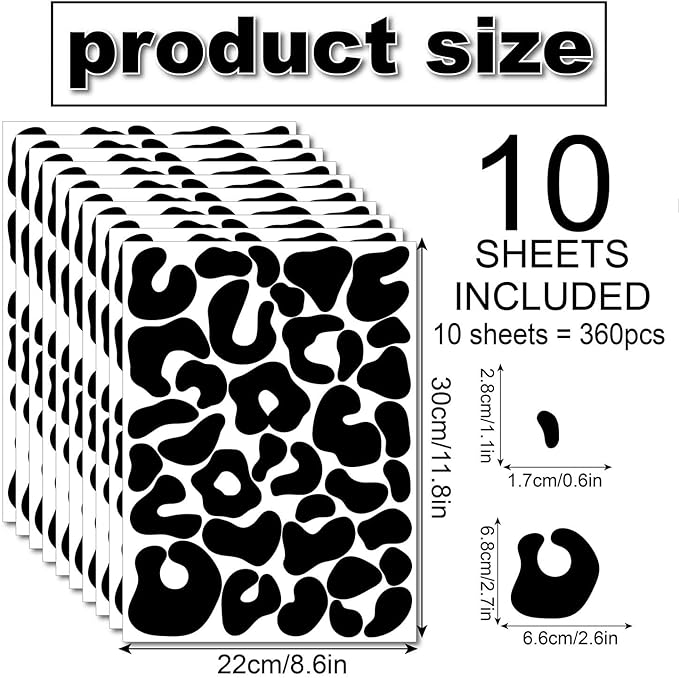 10 Sheets 360Pcs Leopard Wall Decals Removable Peel & Stick Wall Stickers Self-Adhesive Animal Print Vinyl Decor for Nursery, Car,Door, Home, Bedroom, DIY Easy Installation (Black)