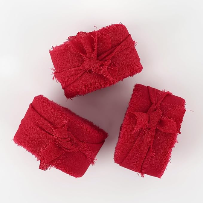 MEEDEE Red Chiffon Ribbon 1 Inch Frayed Ribbons Chiffon Silk Red Fringe Ribbons Thin Chiffon Ribbon for Crafts, Gift Wrapping, Wedding Invitation (3 Rolls 21 Yards)