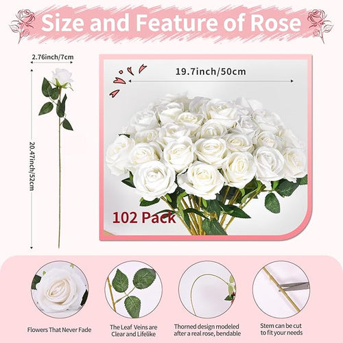 102 PCS White Roses Artificial Flowers, Fake White Roses Bouquet,White Artificial Silk Roses with Stems for Wedding Flowers Decoration, Valentines Day Mothers Day, Bridal Bouquet Roses