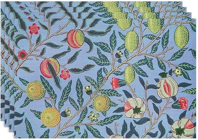 Vintage Fruit Placemats Set of 4, William Morris Retro Boho Flower Botanical Plant Place Mats, Heat Resistant Non Slip Cotton Linen Dining Table Mats for Home Kitchen Party 18x12 Inch