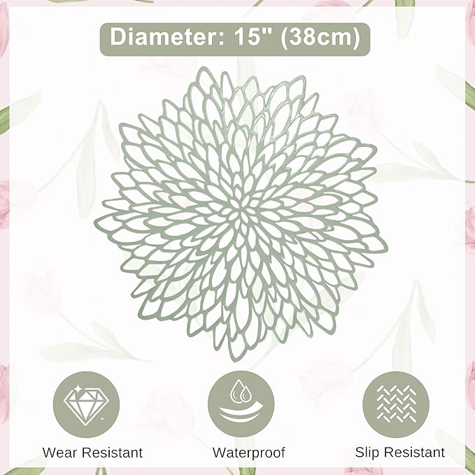 Snowkingdom Sage Green Placemats Set of 8, Round Pressed Vinyl Leaf Washable Place Mats 15 Inch Dinning Floral Table Mats for Wedding Birthday Baby Shower Easter Christmas Holiday Party Decorations