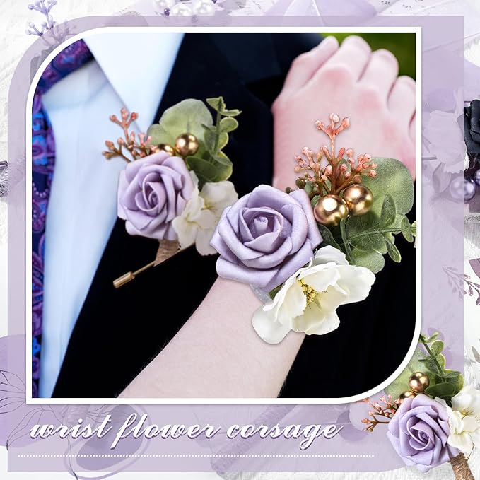 12 Pcs Wedding Wrist Corsage and Boutonniere Set Rose Wrist Corsage for Prom Boutonniere for Men Wedding Flowers Accessories Prom Suit Decorations for Wedding Ceremony (Light Purple)