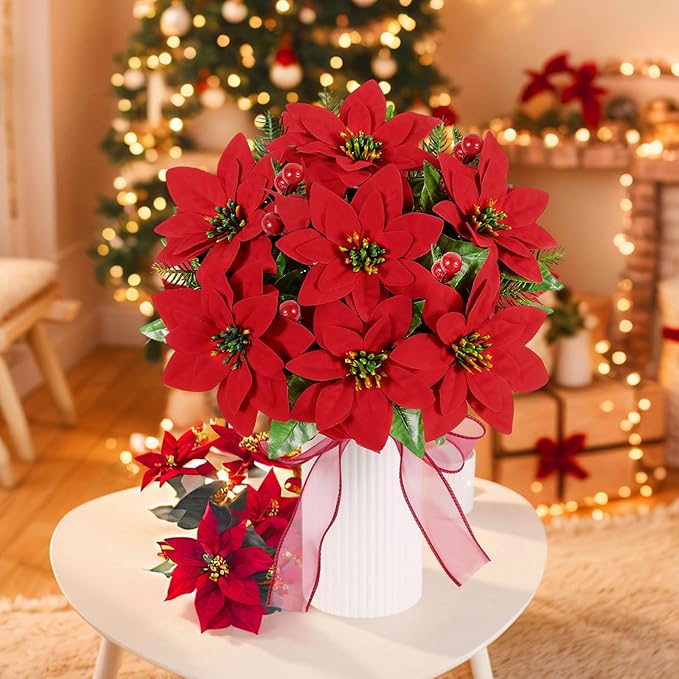 Poinsettia Christmas Decorations 6 Pack 7 Heads Artificial Poinsettia Flowers Bouquet 14 Inch Velvet Poinsettia Picks With Red Berry Stems Holly Leaves for Christmas Tree Vase Porch Home Garden Decor