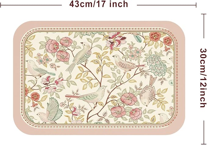 patdrea French Floral Bird Rectangular PVC Placemats, Pack of 6, Waterproof Insulation, Soft and Durable, Suitable for Dining Table, Kitchen and Coffee Table Decoration,12"*17"