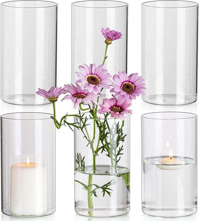 Glasseam Cylinder Vases for Centerpieces, Set of 6 Clear Glass Vases for Flowers, Modern Small Floating Candle Vase Decor, Decorative Hurricane Candle Holders for Home Wedding Table Decorations, 6in