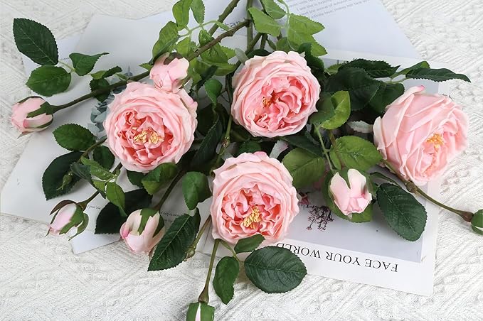 Real Touch Pink Austin Roses Peonies Artificial Flowers 4 Bouquets Latex Fake Peonies with Long Stem Realistic Faux Peonies Flower for Wedding Party Home Table Centerpieces Decorations (Pink)