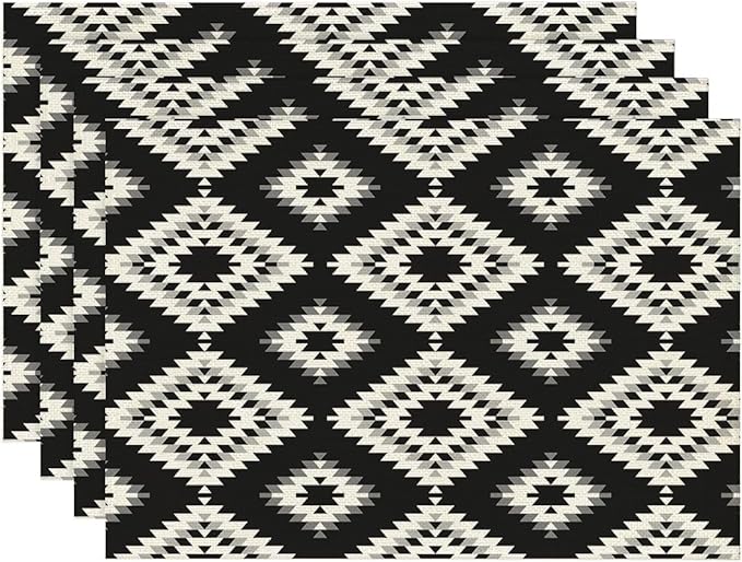 White Gray Black Placemats Set of 4 Turkish Mosaic Oriental Dining Place Mats Linen Table Mat for Farmhouse Home Kitchen Decor 12 X 18 Inch