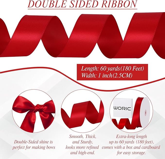 Double Faced Red Satin Ribbon 1 inch 60 Yards Red Ribbon for Crafts Gift Wrapping Hair Bows Wedding Invitation Party Decorations