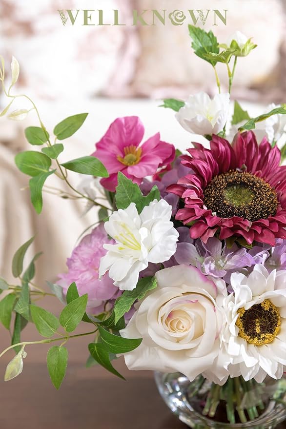 Artificial Flowers Centerpieces in Glass Vase with Fake Water, Silk White Rose Sunflowers Peony Bouquet with Vase for Birthday Party Wedding Dinning Table Office Hotel Decor (Fuchsia Mixed Plus)