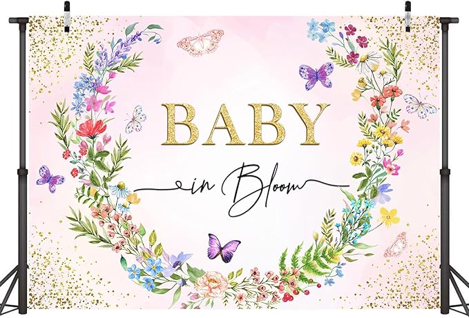 Sensfun Baby in Bloom Backdrop Banner Girls Wildflower Baby Shower Decorations,Pink Floral Butterfly Gold Glitter Photography Background for Wildflowe Baby Shower Newborn Party Photo Booth Props 5x3ft