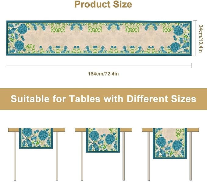 Vintage Floral Table Runner, Elegant Blue Flowers Nature Design Table Runner for Kitchen Dining Holiday Party Home Decoration, 13x70 Inch