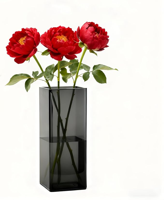 Acrylic Square Flower Vase, Non-breakable Vase, 4" x 4" x 10" Tall Grey Vases for Flower, Large Cube Floral Plant Container, Planter Terrarium for Wedding Party Event, Home Office Decor