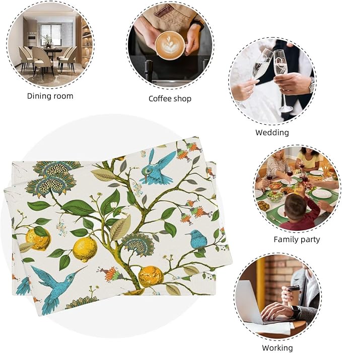 Lemon Linen Placemats Set of 4 Retro Plant Bird Print Placemats for Indoor Outdoor Party Home Desktop Kitchen Dining Room Decor 12x18 Inch