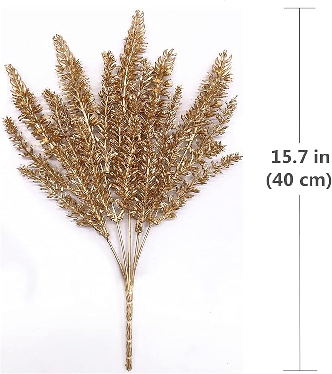 CATTREE Christmas Fake Plants, Artificial Plastic Grass Golden Shrubs Faux Lavender Leaves Simulation Bushes Home Indoor Wedding Decoration Hall Table Planter Filler Decoration - Gold 3 Pack