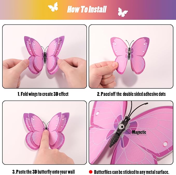 SAOROPEB 3D Butterfly Wall Decor, 24 Pcs Double Layer Butterfly Decorations for Party Decorations Locker Decor Refrigerator Decal, Reusable (Pink)