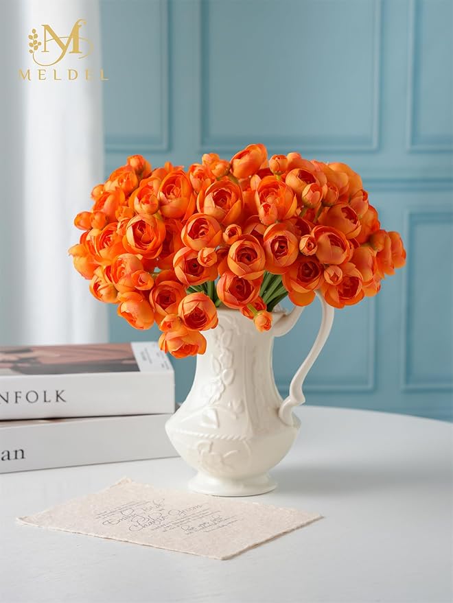 Meldel 32pcs Ranunculus Artificial Flower, Faux Silk Mini Orange Ranunculus Flowers for DIY Bouquet, Bulk Fake Peony Wedding Filler Flowers for Centerpieces Arrangements Bridal Shower Decorations