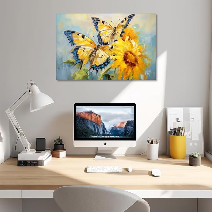 KPLUNDO Butterfly Wall Art Sunflower Picture Abstract Landscape Painting Modern Aesthetics Artwork for Living Room Office Home Wall Decor Stretched and Framed Ready to Hang(Art-5,24.00x36.00 inch)