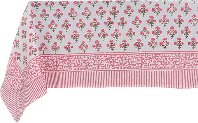 ATOSII Gulbahar White Pink 100% Cotton Spring Summer Square Tablecloth, Handblock Print Floral Table Cloth for Kitchen Dining Linen I Weddings, Outdoors, Easter 60 X 60 Inches I 4 Seater