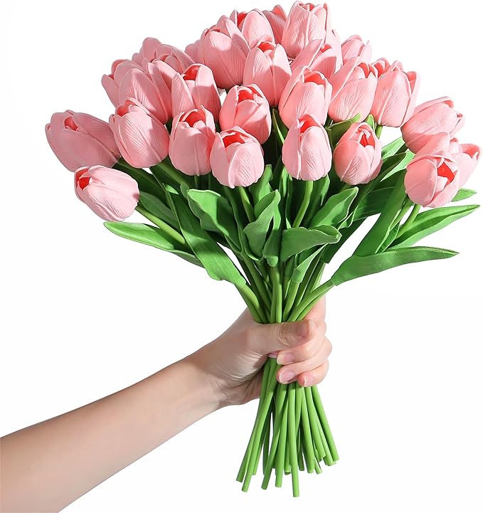 SITUMEIZI 15pcs Pink Tulips Fake Artificial Flowers Real Touch 14" Silk Flower for Home Kitchen Decor Spring Easter Wedding Bouquet Decorations Office Valentine's Day Gifts