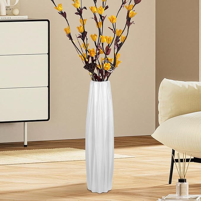 White Ceramic Floor Vase 17.7 Inches Tall, Large Floor Vases for Office,Farmhouse,Living Room Modern Home Décor,Simple Origami Design Fall Decorative Porcelain Flower Arrangement Vase Ideal Gift
