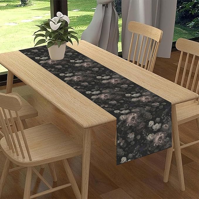 Gothic Floral Table Runner, Black Pink Rose Boho Vintage Art Print Linen Table Center Decor Family Kitchen Outdoor Farmhouse Holiday Party Table Decorations 13x72 inch