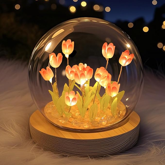 Tulips Lamp Gifts for Women, Tulips Artificial Flowers Night Light, Light Up Pink Tulip in Glass Dome for Bedroom, Unique Birthday Gifts for Women, Mom, Sister, Friends, Cute Home Decor