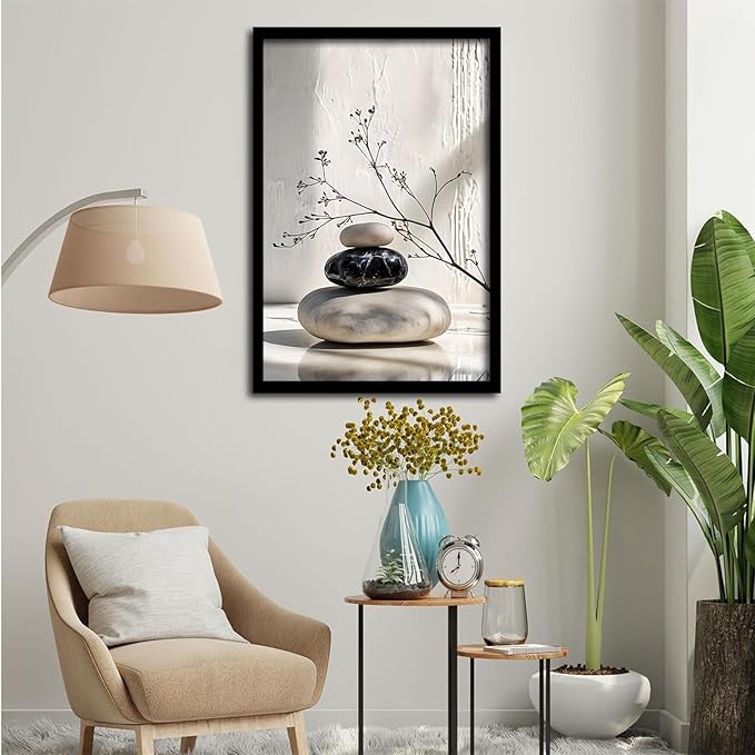 Gray and black stone pile and dried flowers poster canvas wall art in harmony Minimalist wall art for tranquil homes and mindful spaces 16x24in Metal blackFramed