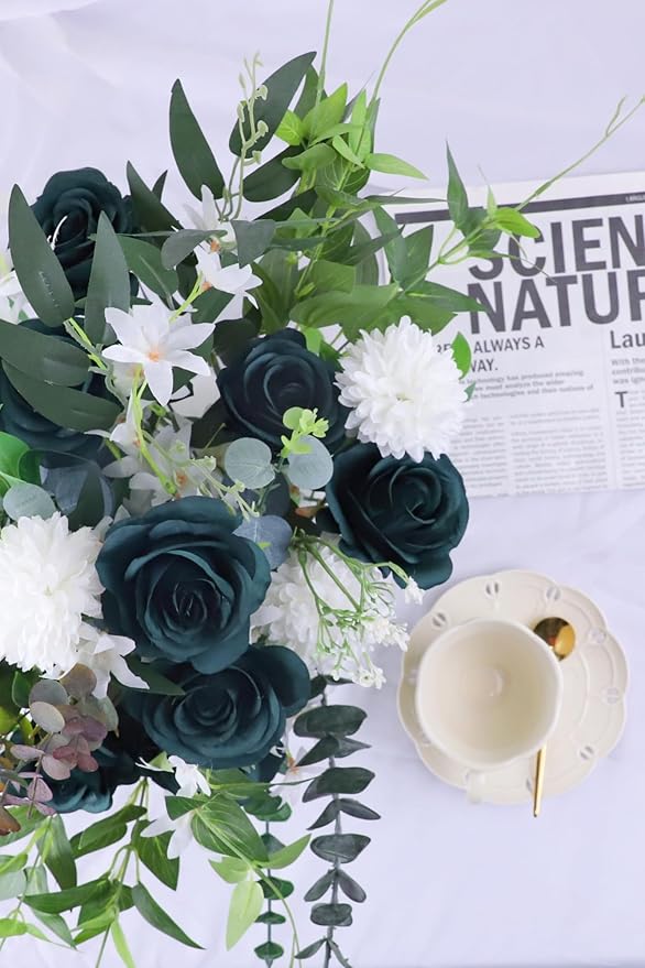 12pcs Roses Artificial Flowers Peacock Green Roses Flowers with Long Stems Silk Flowers for Wedding Bouquet Centerpices Decorations Party Bridal Baby Shower Home Décor Fake Roses