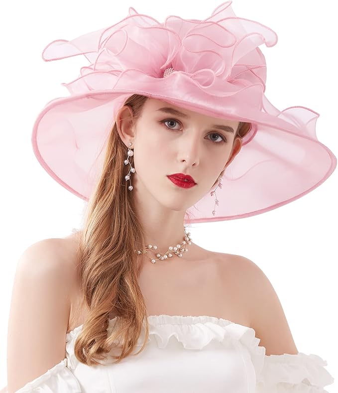 Organza Derby Hats for Women Wide Brim Fascinator Hat Rose Flower Wedding Tea Party Hat