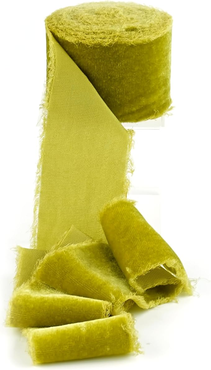 MAYREEL Lime Green Velvet Ribbon 2 Inch x 3 Yards Frayed Edge Silk Velvet Ribbon Hand Torn with Raw Edge for Bridal Bouquet, Invitations, Wedding, Vow Books, Gift Basket, Hair Bows
