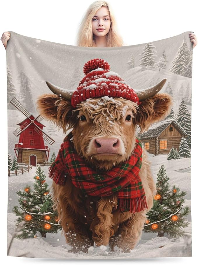 Highland Cow Blanket Christmas Cattle Throw Blanket Winter Snow Soft Cozy Fleece Fuzzy Stuffed Plush Farm Animal Flannel Gifts for Girls Women Boys Kids Adults 60"X80"