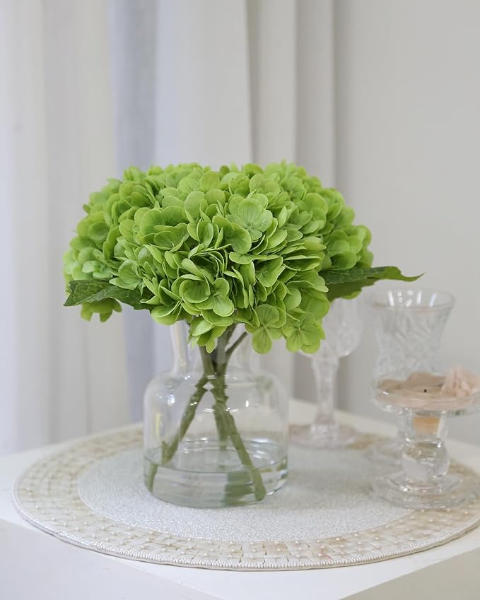 Lifelike Artificial Hydrangea Arrangement in Decorative Vase - Real Touch Fake Flowers for Home, Office, Bathroom or Water Bar Decor, Elegant Table Centerpiece (No Water Needed) (Green)