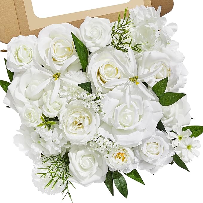 Serwalin White Flowers Artificial, Fake Roses Flowers for Wedding Cake Decoration, Silk Flowers for Wedding Bouquets Baby Shower Centerpieces Floral Arrangements Party Decor
