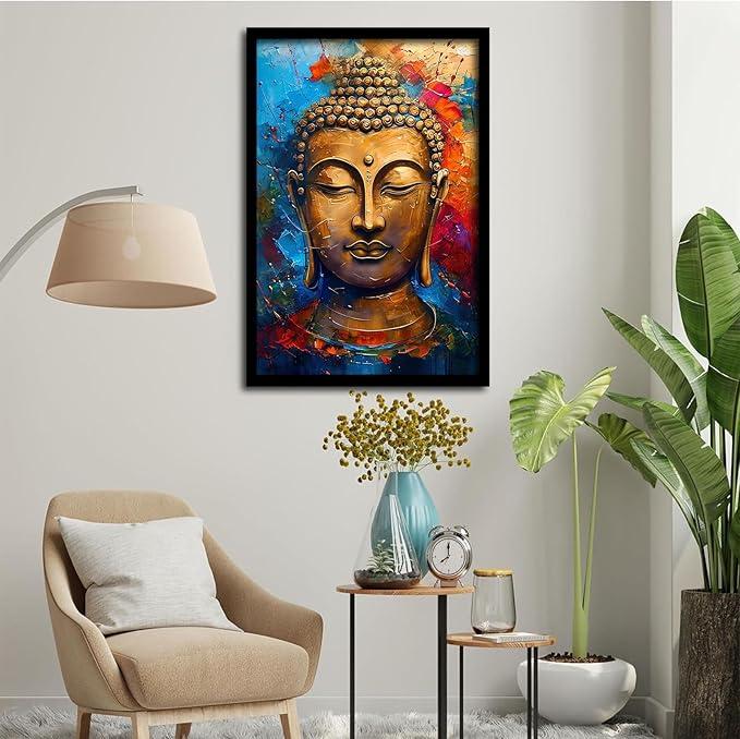 Golden Serenity Buddha Vintage Painting Wall Art Spirituality and Modern Art Wall Decor Adds Brilliance to Vibrant Home Decor 8x12in Metal blackFramed