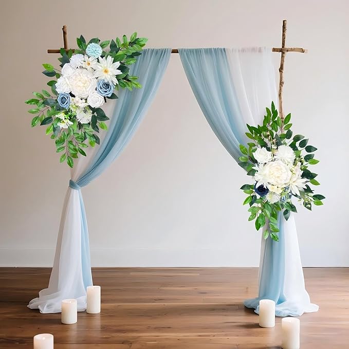 Artificial Wedding Arch Flowers (Pack of 2), White Wedding Flowers for Wedding Welcome Ceremony Sign, Faux Floral Swags, Banquet and Reception Backdrop Floral Decoration (White & Blue)