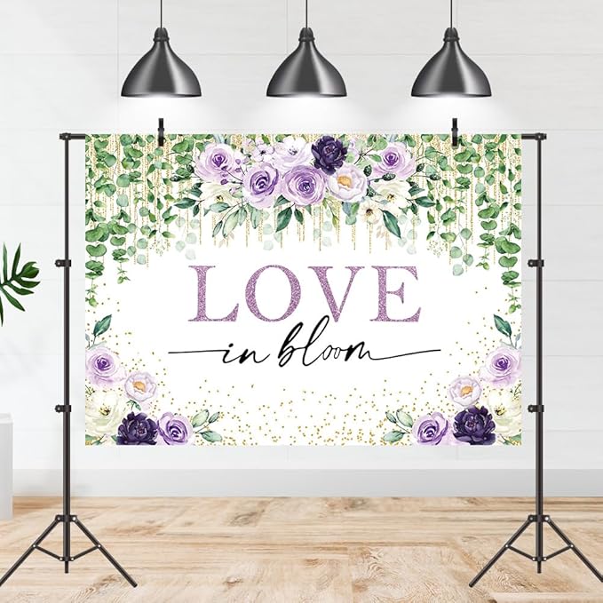 Love in Bloom Bridal Shower Backdrop 7x5ft Wedding Shower Spring Purple Floral Engagement Bachelorette Party Decorations Photography Background
