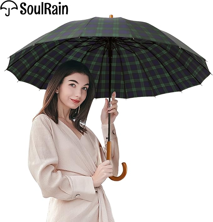 SoulRain 16 Ribs 48" Stick Umbrella Auto Open Solid Color Fashionable and Simple，Arc Classic Wood Handle，Windproof Unbreakable Stick Rain Umbrella
