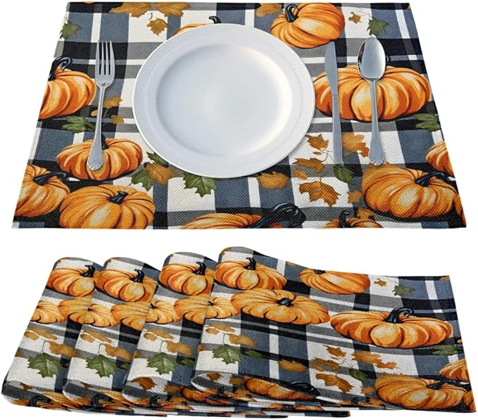 Halloween Pumpkin Placemats, Place Mats Set of 4, Heat Resistant Place Mats, Washable Table Mats for Dining Table, Non-Slip Stain Resistant Kitchen Table Placemats, Black Buffalo Plaid