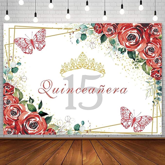 SENDY 10x7ft Quinceañera Backdrop Mis Quince 15 Anos Birthday Party Decoration Supplies for Girl Princess Red Floral Flowers Butterfly Gold Crown Photography Background Banner Photo Booth Studio Props
