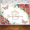 SENDY 7x5ft Quinceañera Backdrop Mis Quince 15 Anos Birthday Party Decorations Supplies for Girl Princess Red Floral Flowers Butterfly Gold Crown Photography Background Banner Photo Booth Studio Props