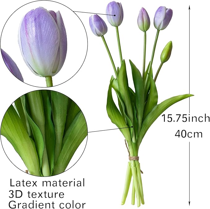 15pcs Artificial Tulips Flowers, Real Touch Latex Bouquet, Fake Tulips for Office Wedding Party Home Kitchen Garden Decoration-B Lavender