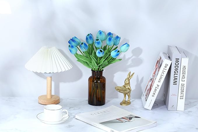 SITUMEIZI 15pcs Blue Tulips Fake Artificial Flowers Real Touch 14" Silk Flower for Home Decor Easter Spring Wedding Bouquet Decorations Mother's Gift Day Floral Arrangements(Blue#)