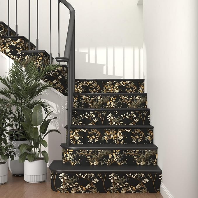 Black Floral Wallpaper Classic Leaves Wall Paper 17.4" x 118" Dark Moody Contact Paper Vintage Chinoiserie Watercolor Self Adhesive Covering for Bedroom Bathroom Cabinet Home Decor Beige Gold
