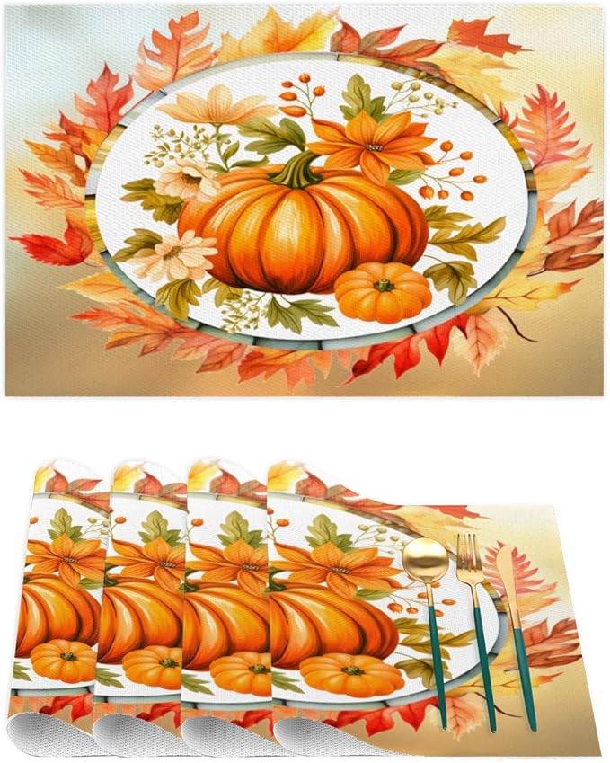 Fall Autumn Flower Pumpkin Placemats Set of 4 PVC Vinyl Non Slip Table Mats Heat Resistant Place Mats Washable Wipeable Dining Table Mat for Kitchen Decor Party Indoor Outdoor Decorative Gift