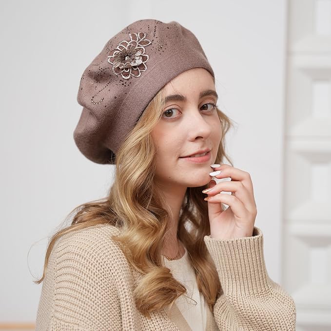 Flower Embroidery Beret Hat for Women, French Style Knitted Beret Hats, Stylish Solid Color Beret Cap for Women Girls Lady