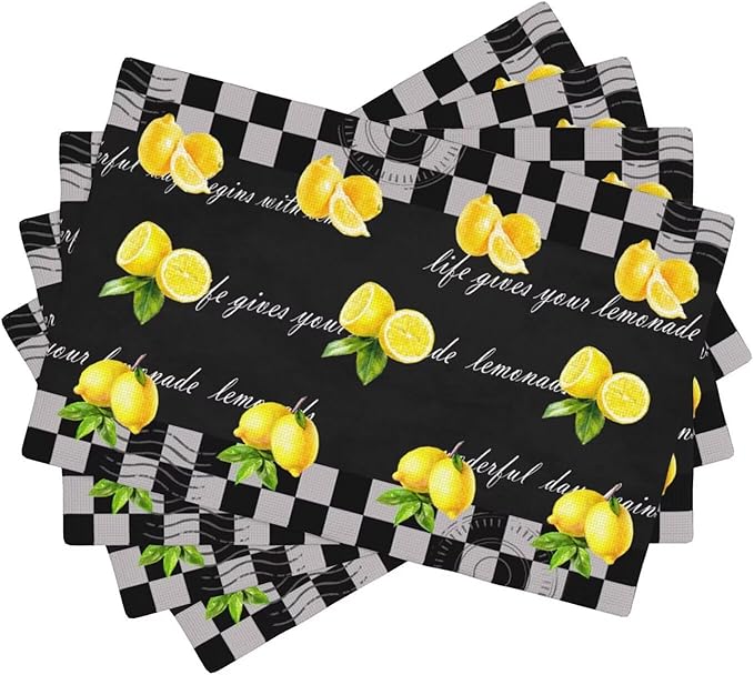 Lemon Kitchen Table Placemats Set of 4 Vintage Black White Checkered Summer Fruit Print Placemat Indoor Outdoor Party Home Desktop Dining Room Decor 12x18 Inch