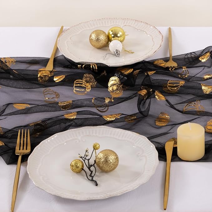 Socomi Gold Table Runner Fall Pumpkin Gauze Sheer Chiffon Cheesecloth Sequin 10FT Glitter Metallic Foil Dining Wedding Birthday Party Baby Shower Holiday Centerpiece Table Decor 3pcs Black