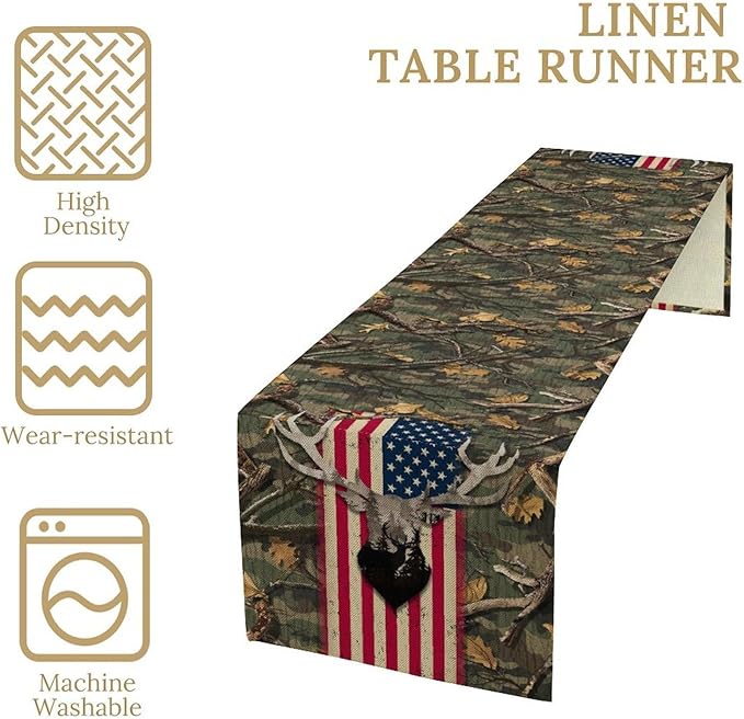 Rustic Forest Table Runner, Farmhouse Deer Retro Fall Leaves Wooden Branch Wild Seasonal Harvest Coffee Table Center Decor for Home Kitchen Dining Patio Holiday Party Table Decorations 13x72 inches
